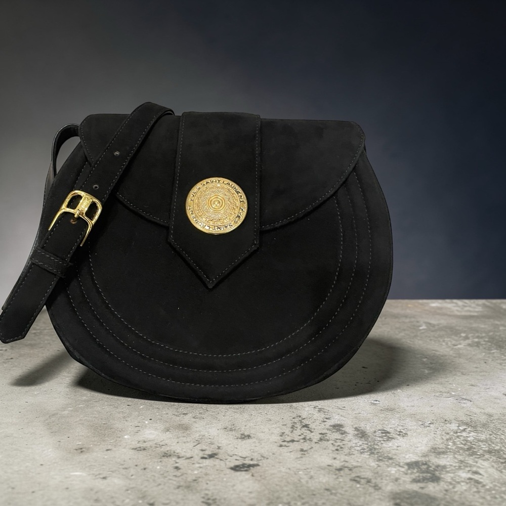Vintage YSL Black Suede Gold Medallion Crossbody